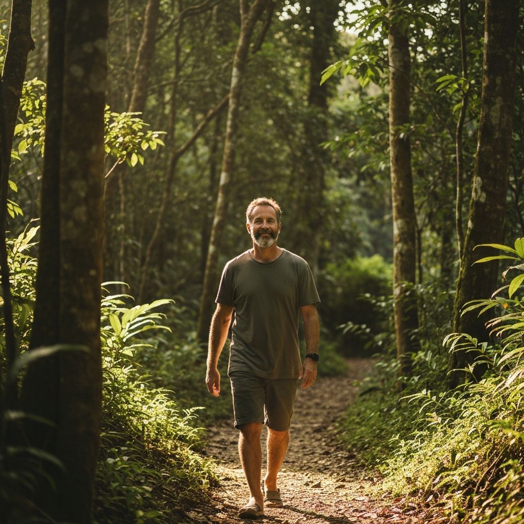 Pria paruh baya berjalan di hutan yang tenang