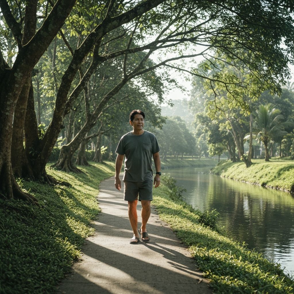 Pria paruh baya berjalan di taman tropis