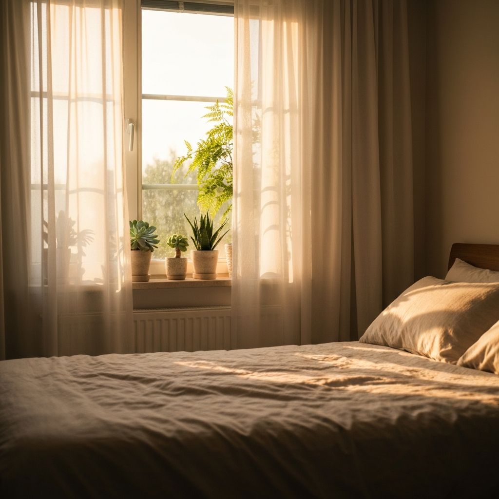 Kamar tidur tenang dengan cahaya pagi lembut